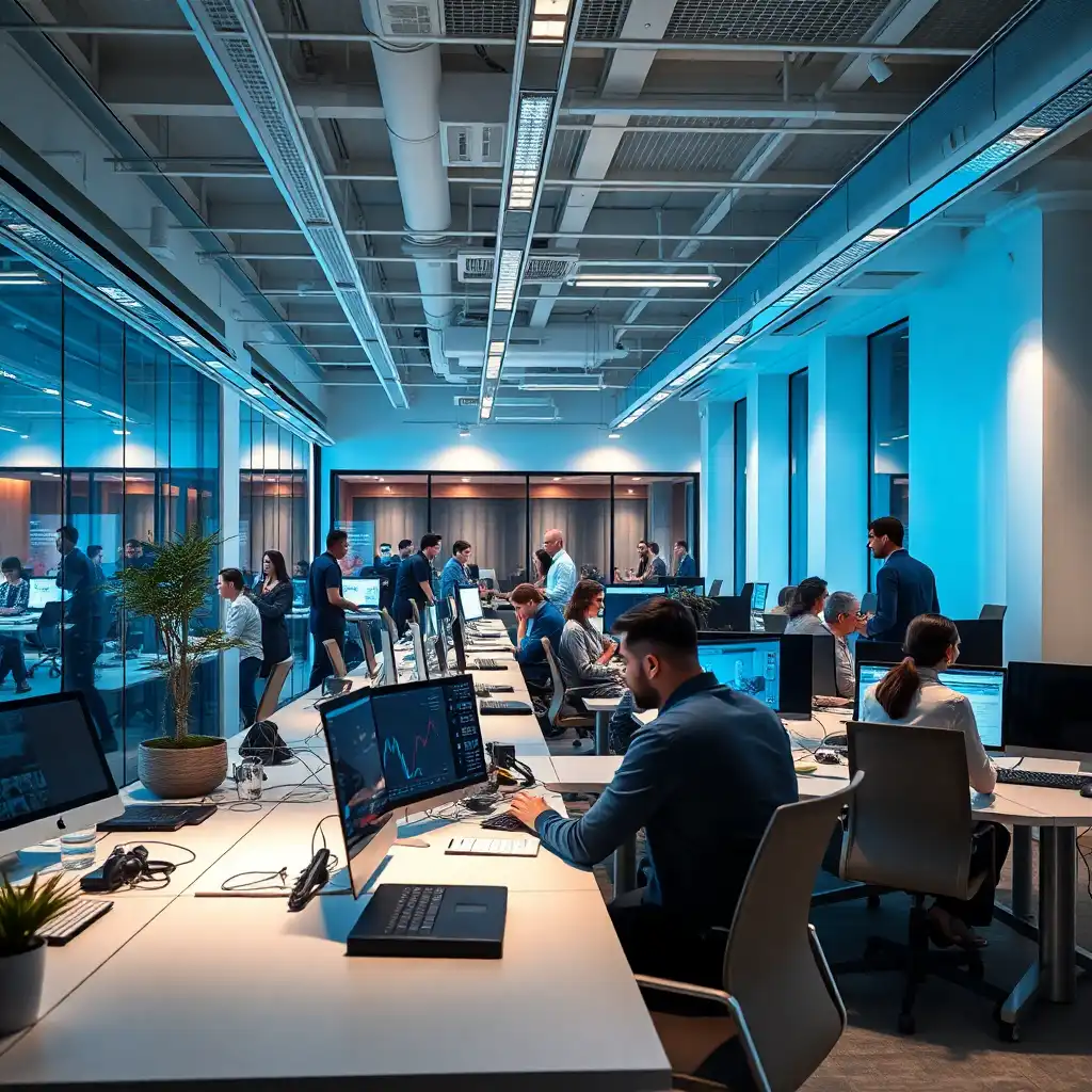 Modern tech office with team collaboration in a high-end, professional workspace